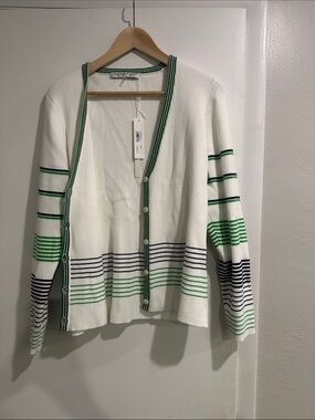 Trina Turk White Cardigan with Green and Navy Stripes